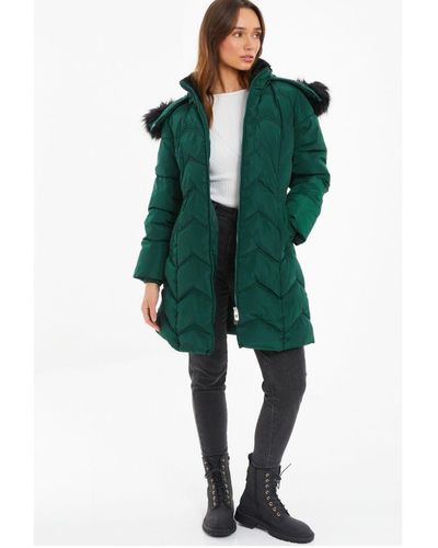 Quiz Bottle Padded Faux Fur Hood Parka - Green