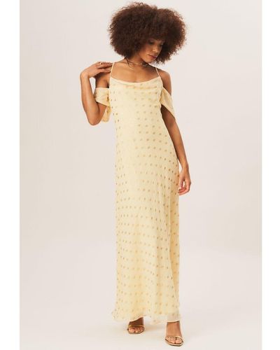 Gini London Cowl Neck Drop Sleeves Foil Maxi Dress - Natural