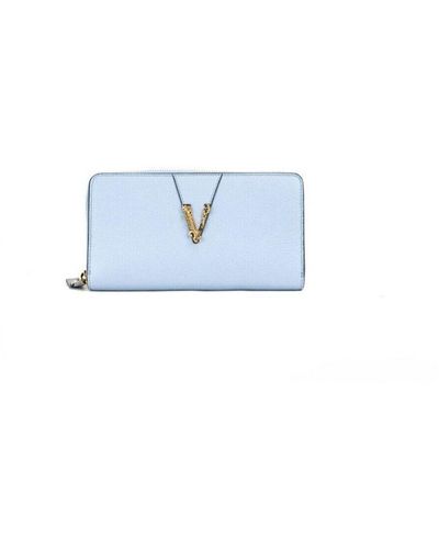Versace Grainy Leather Gold Monogram Zip Around Clutch Wallet - Blue