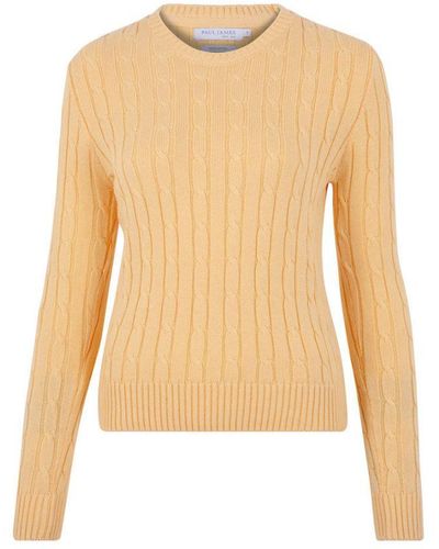 Paul James Knitwear S 100% Cotton Crew Neck Cable Jumper - Natural