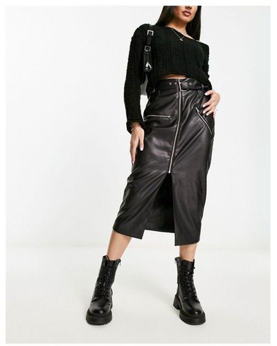 ASOS Faux Leather Biker Midi Skirt With Belt - Black
