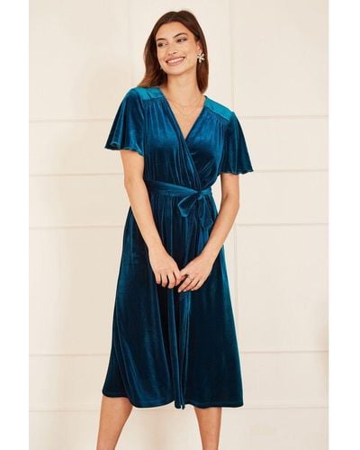Yumi' Wrap Over Midi Dress With Angel Sleeves And Split Hem - Blue
