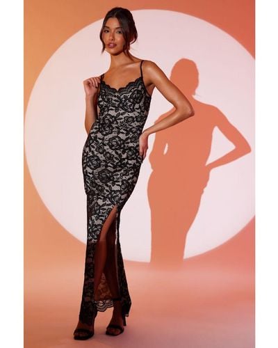 Quiz Black Contrast Lace Split Leg Maxi Dress - Orange