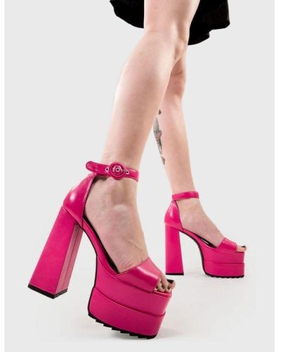 LAMODA Chunky Sandals Just Coz Round Toe Platform Heels With Strap - Pink