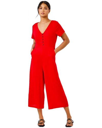 Roman Cotton Blend Culotte Jumpsuit - Red