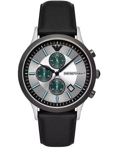 Emporio Armani Black Leather And Steel Chronograph Watch - Grey