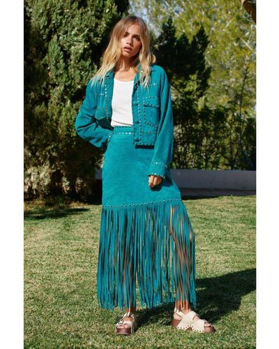 Warehouse Real Suede Studded Fringe Skirt - Green