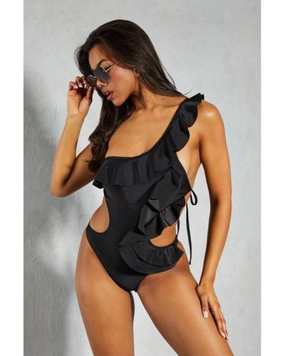 MissPap One Shoulder Frill Tie Back Swimsuit - Black