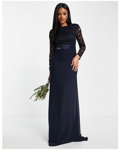 TFNC London Bridesmaids Chiffon Maxi Dress With Lace Scalloped Back And Long Sleeves - Blue