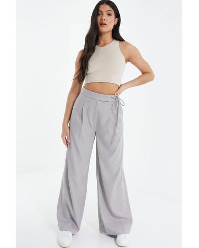 Quiz High Waisted Wide Leg Trousers Cotton - White