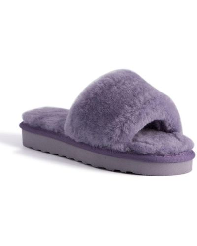 Aus Wooli Australia Sheepskin Fluff Slide Slippers Purple Leather