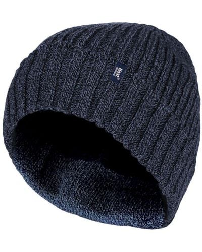 Heat Holders Ribbed Knit Fleece Lined Insulated Warm Turn Over Cuff Thermal Winter Beanie Hat - Blue