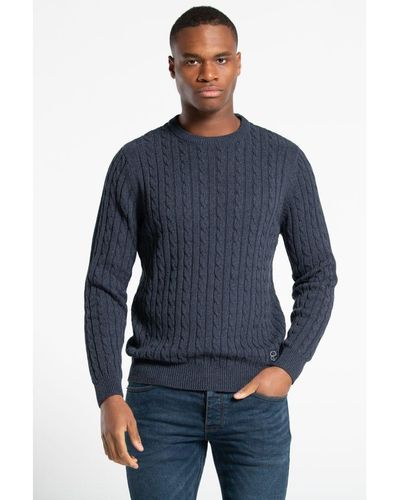 Tokyo Laundry Recycled Cotton Blend Navy Crew Neck Cable Knit And Rib Jumper - Blue