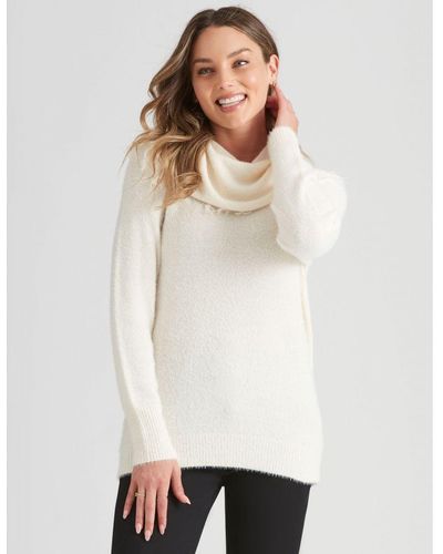 Rockmans Long Sleeve Fluffy Tassel Cowl Knitwear Jumper - White