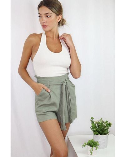 Quiz Linen Paper Bag Shorts - Green