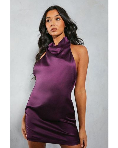 MissPap Satin Grown On Neck Halterneck Low Back Mini Slip Dress - Purple