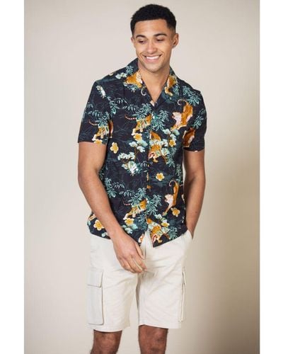 French Connection Tiger Print Short Sleeve Shirt Viscose - Blue