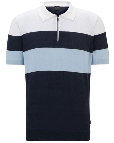 BOSS Hugo Boss Trieste Half Zip Short Sleeved Polo Shirt Stripe - Blue