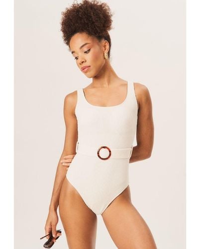 Gini London Textured Round Neck Belted Swimsuit - White