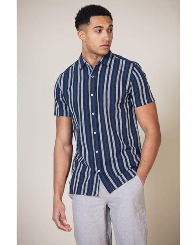 Nordam 'Terence' Cotton Linen Blend Short Sleeve Button-Up Striped Shirt - Blue