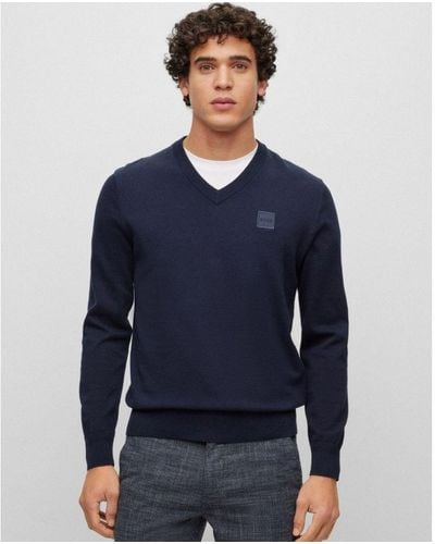BOSS Kanovano Cotton-cashmere Jumper With Logo Patch - Blue