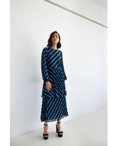 Warehouse Stripe Pleated Double Layer Midi Dress - Blue