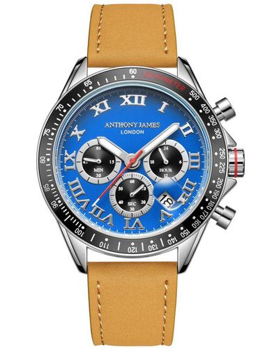 Anthony James Hand Assembled Tachymeter Turbo Steel Blue Leather