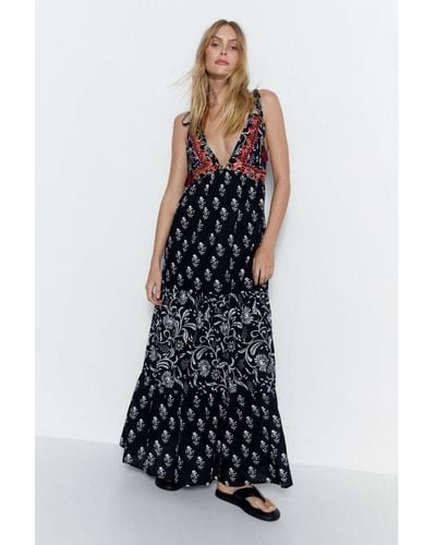 Warehouse Paisley Mixed Print Embroidered Tassel Tie Maxi Dress - Blue