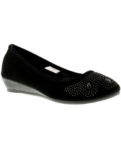 Platino Shoes Wedges Diamante Tasha 2 Slip On Micro Fibre - Black
