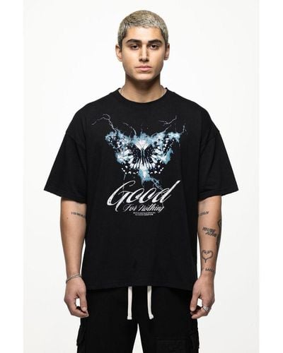 Good For Nothing Oversized Cotton T-Shirt With Graphic Lightning Print - Black