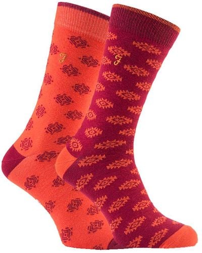 Farah 2 Pairs Retro Cotton Rich Luxury Formal Dress Socks With Funky Patterns - Red