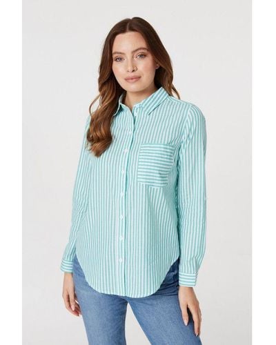 Izabel London Green Striped Long Sleeve Shirt Cotton - Blue