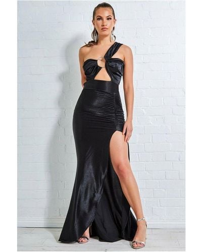 Goddiva Ruched One Shoulder Maxi With Ring Detail - Black