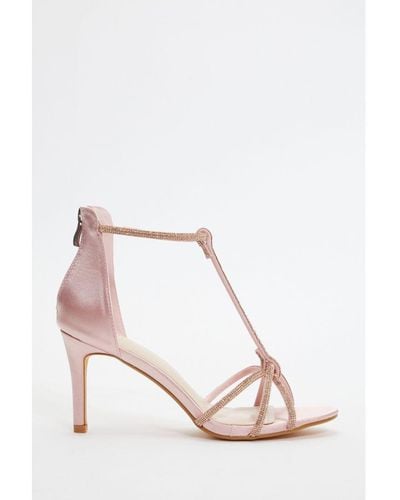 Quiz Satin Diamante Cross Strap Heeled Sandals - Pink