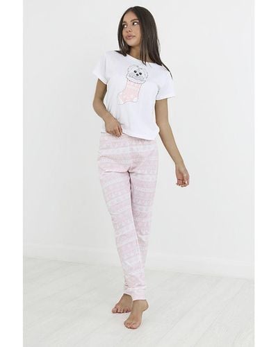 Brave Soul Pink Cotton 'squish' Christmas Pyjama Set - White
