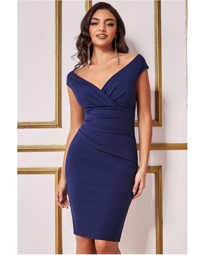 Goddiva Bardot Pleated Midi Dress - Blue