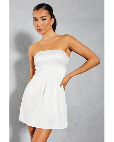 MissPap Satin Bandeau Pintuck Detail A-Line Mini Dress - White