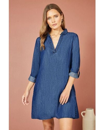 Yumi' Chambray Cotton Tunic With Pockets - Blue