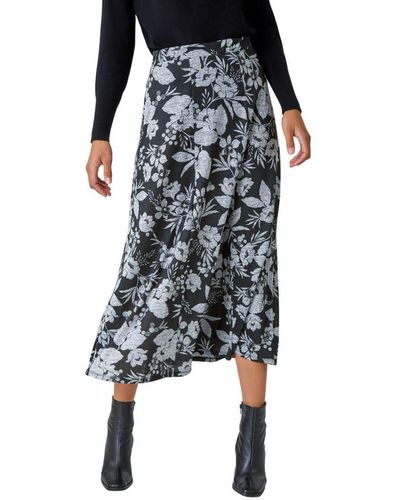 Roman Floral Print Midi Stretch Skirt - Black