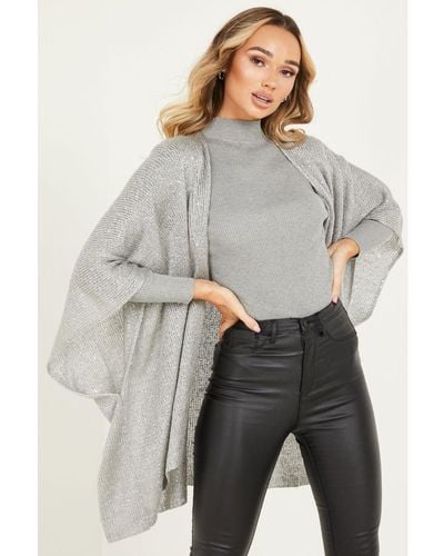 Quiz Silver Knitted Sequin Cape - Grey