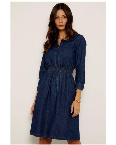 Sosandar Dark Zip Front Shirred Waist Denim Dress - Blue
