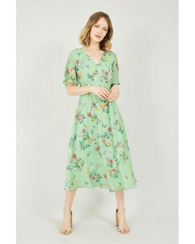 Yumi' Saliegroene Midi-jurk Met Bloesem-en Vlinderprint