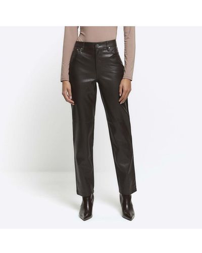 River Island Straight Trousers Brown Faux Leather Pu - Grey