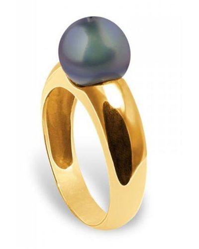 Blue Pearls Ring Van Geelgoud (375/1000) Met Zwarte Zoetwaterparel. - Wit
