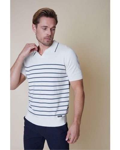 Threadbare 'denstone' Trophy Neck Striped Short Sleeve Knitted Polo - Blue