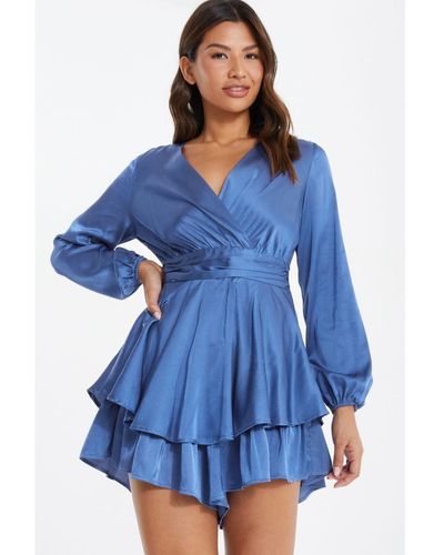 Quiz Satin Wrap Playsuit - Blue