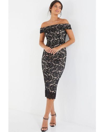 Quiz Contrast Lace Bardot Midi Dress - Black