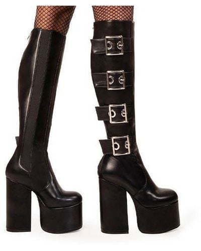 LAMODA Knee High Boots Fyp Round Toe Platform Heels With Zipper & Buckles - Black