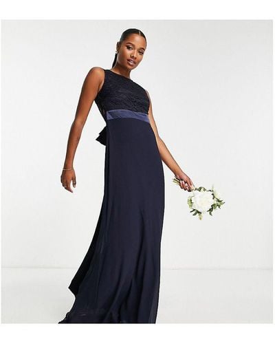 TFNC London Bridesmaids Chiffon Maxi Dress With Lace Scalloped Back - Blue