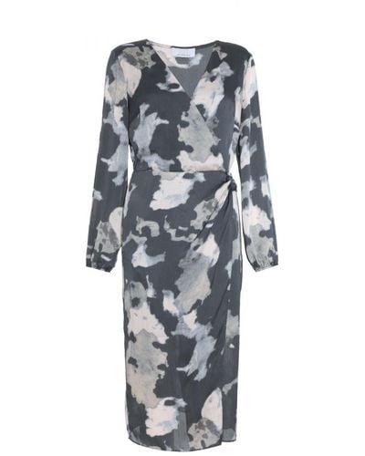 Quiz Smudge Print Wrap Midi Dress - Grey